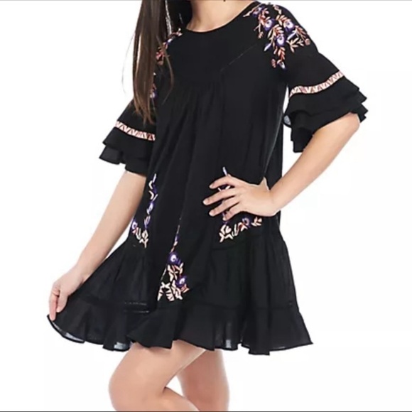 Free People Pavlo Ruffle Mini Dress Black Embroidered Small $128 OB726410 - Picture 1 of 5